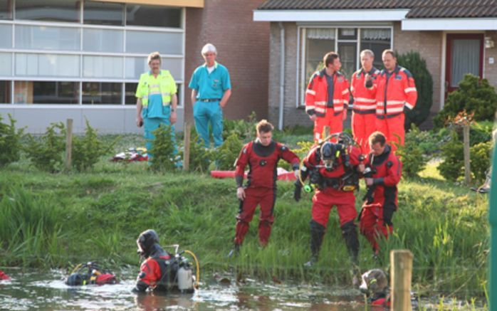 SINT PHILIPSLAND – De brandweer heeft maandagavond in Sint Philipsland samen met omwonenden in een vijver tevergeefs gezocht naar een kind. Een omwonende had aangegeven dat hij een kind de vijver in had zien gaan en er niet meer uit zien komen. Foto Jan W