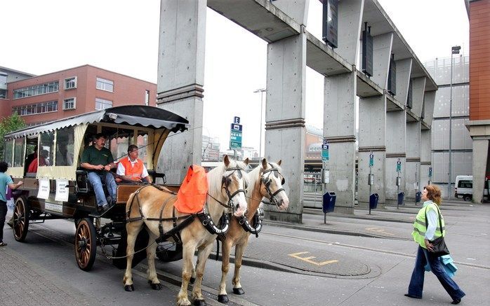 CNV stads- en streekvervoer in Den Bosch zet woensdag paard en wagen in om reizigers alternatief vervoer te bieden. Winkelend publiek mocht gratis gebruik maken van de paardentram, die bezoekers van het centraal station naar de Markt bracht. Foto ANP