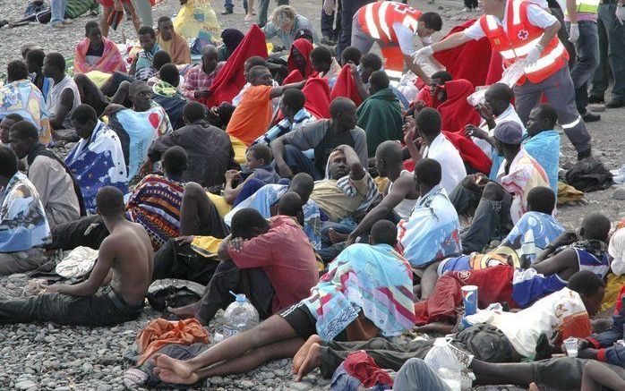 De Spaanse kustwacht heeft maandag 230 Afrikaanse migranten gered, die in een boot op open zee ten zuiden van de Canarische eilanden dreven. Het was het grootste aantal migranten dat op een boot verbleef ooit, stelde de kustwacht. Foto EPA