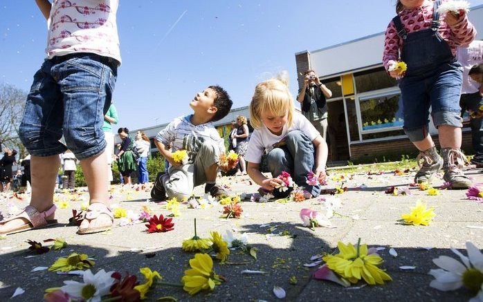 UTRECHT – Nieuwegein is dinsdag verrast met een bloemenregen. Over de stad bij Utrecht werden 51.000 chrysanten en de bloemblaadjes van tienduizend tulpen uitgestrooid. Foto ANP