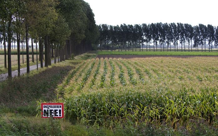 Een protestbord tegen ontpolderen in de Nederlandse Hedwigepolder in Zeeuws-Vlaanderen. Foto ANP