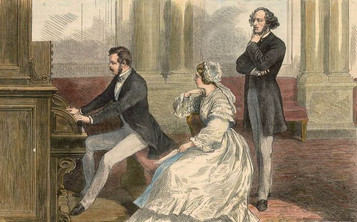 Felix Mendelssohn is in 1842 bij koningin Victoria in Londen. Prins Albert bespeelt het orgel, terwijl de koningin en Mendelssohn toekijken. Illustraties RD