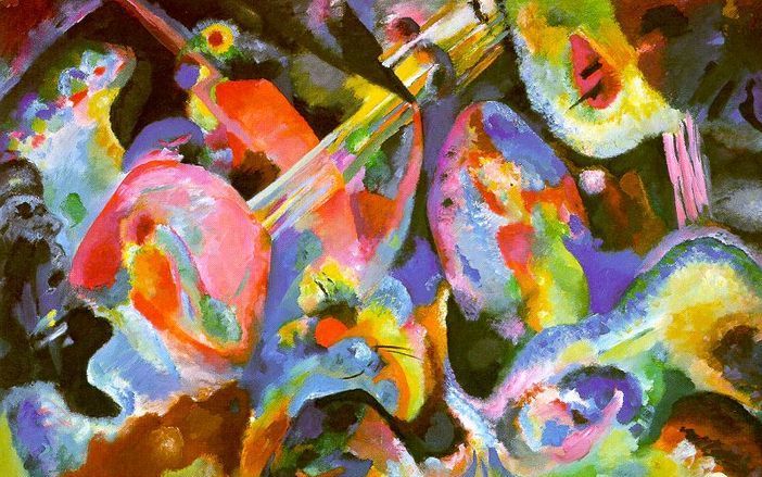 ”Improvisatie Zondvloed” van de Russische kunstenaar Wassily Kandinsky uit 1913. „Kandinsky vergeleek het maken van een schilderij met het herscheppen van de wereld, dat noodzakelijkerwijs begint met een catastrofe, een chaotisch gebrul, om naar het einde