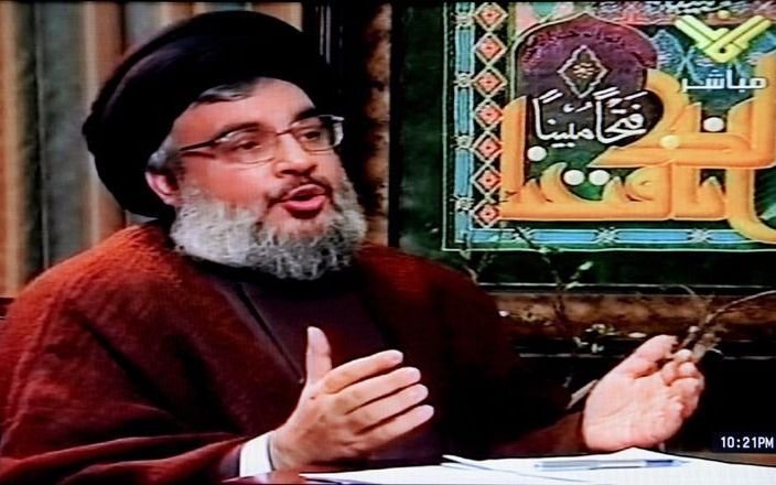 Tv-beelden van Hezbollah-leider Nasrallah. Foto EPA