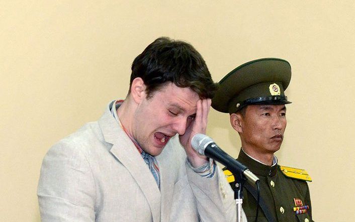 PYONGYANG. De Amerikaanse student Otto Warmbier werd vorig jaar in Noord-Korea tot 15 jaar dwangarbeid veroordeeld. Begin deze week overleed hij als gevolg van hersenschade. beeld AFP, KCNA