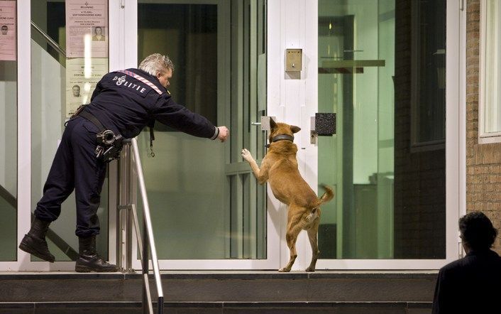 Een politiehond zoekt maandag naar explosieven bij de ingang van de speciaal beveiligde rechtszaal de Bunker in Amsterdam-Osdorp, waar de zaak-Passage de eerste dag ingaat. Foto ANP