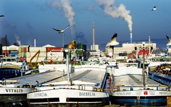 Nederlandse binnenvaartschepen liggen zondag In de haven van Mainz stil als gevolg van het tankerongeval op de Rijn bij de Lorelei bij Mainz. Foto ANP