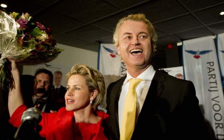 Een opgetogen Geert Wilders naast Laurence Stassen. Foto ANP