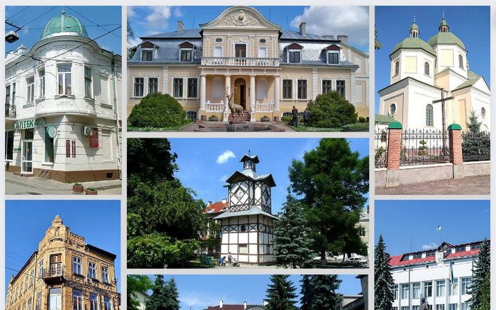 Collage van historische gebouwen in een Oost-Europees stadje.