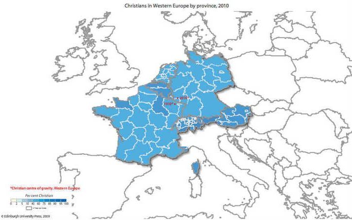 Het percentage christenen in West-Europa in 2010.