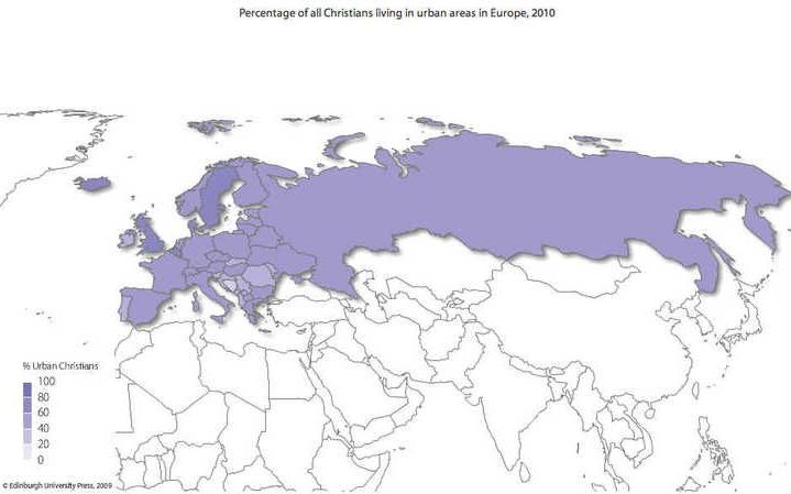 Het percentage christenen in stedelijke gebieden in Europa (2010). Ondanks de secularisatie blijft hun aandeel hoog. Infographics Edinburgh University Press