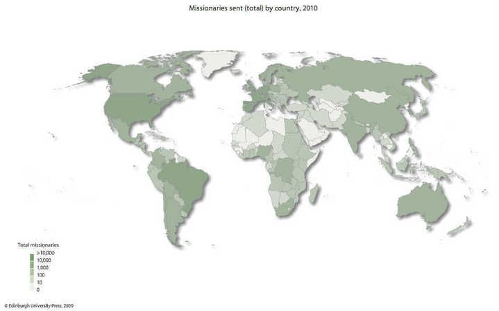 Het aantal zendelingen dat naar het buitenland vertrekt. De meeste zijn afkomstig uit Noord-Amerika en West-Europa. Infographics Edinburgh University Press