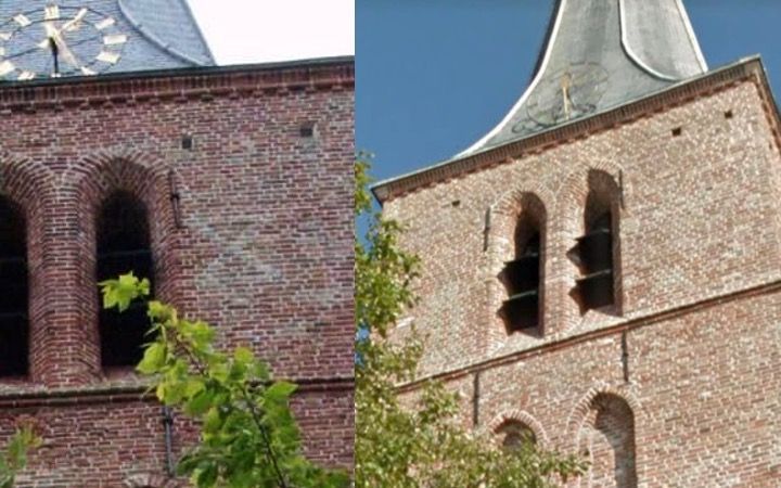 LINKS: De kerktoren in Aagtekerke vóór de restauratie. Het metselaarskruis zie je op de toren. RECHTS: Kerktoren ná restauratie. Het metselaarskruis is niet meer zichtbaar op de toren. beeld Rob Dreesens