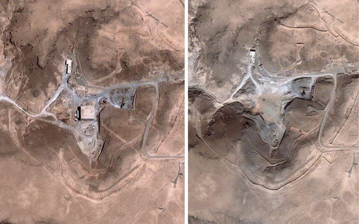 Foto van de reactor gemaakt door de Israëlische geheime dienst. De foto links is voor de aanval, de foto rechts daarna. Foto EPA