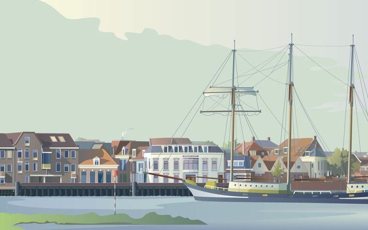 KAMPEN – Zo’n duizend uur werkte cartograaf en kunstenaar J. Schilder aan een 22 meter lange afbeelding van het Kamper stadsfront. Het kunstwerk wordt morgen in Kampen gepresenteerd. Illustratie Michiel Satink