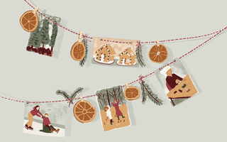 Illustratie met twee touwtjes waaraan foto’s en sinaasappelschijfjes hangen.