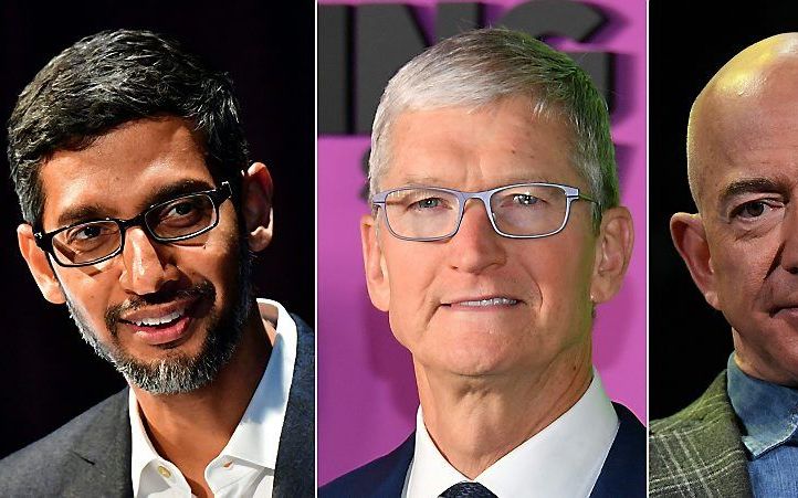 V.l.n.r. Mark Zuckerberg van Facebook, Sundar Pichai van Google, Tim Cook van Apple en Jeff Bezos van Amazon. beeld AFP