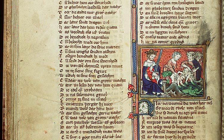 Bladzijde  uit de Rijmbijbel  van Jacob van Maerlant, verlucht door Michiel van der Borch te Utrecht in 1332. Deze pagina bevat de passage uit Exodus met de farao die opdracht geeft alle pasgeboren Joodse baby's van het mannelijk geslacht te doden.  beeld  Wikimedia