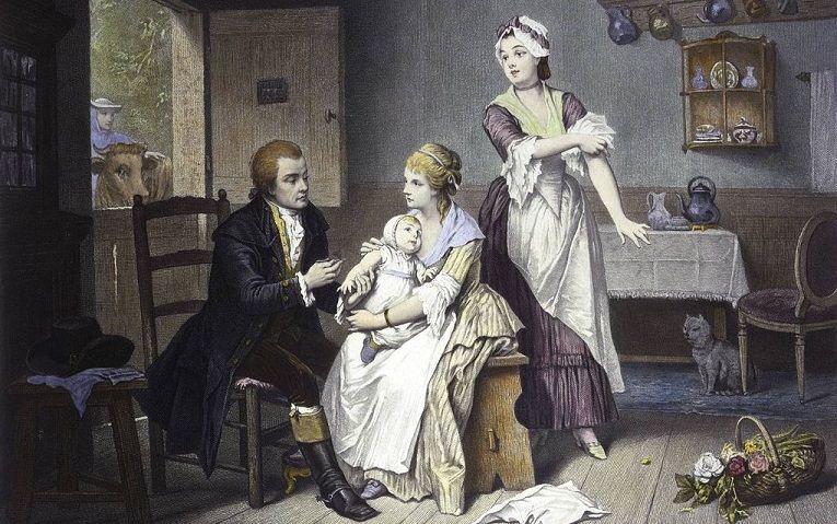 Edward Jenner, pionier van de vaccinatie in de 18e eeuw, ent zijn eigen kind in. beeld Wellcome Library, London