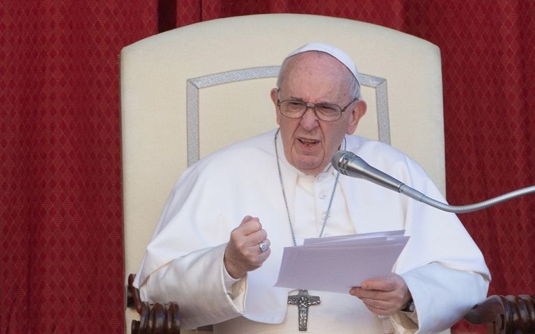 Pope Francis addresses the faithful at the St. Damaso Courtyard during his weekly general audience in Vatican City, 26 May 2021. photo EPA, Maurizio Brambatti