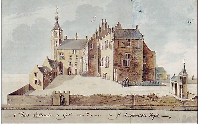 Een tekening uit 1695 van Isaac Hildernisse toont hoe Slot Oostende in Goes er rond 1500 uit moet hebben gezien. De restanten van het slot zijn gisteren opengesteld voor publiek. Foto Goes Promotie