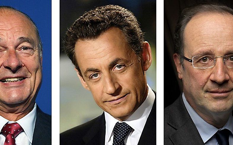 De Franse presidenten (v.l.n.r.) Jacques Chirac, Nicolas Sarkozy en François Hollande. beeld AFP