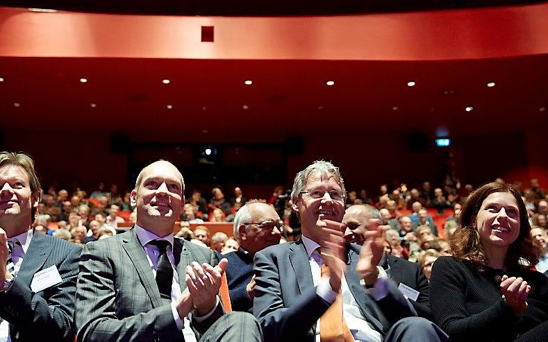 Tweede Kamerleden Joel Voordewind, Gert-Jan Segers, Arie Slob en Carola Schouten tijdens het ChristenUnie-congres. Foto ANP