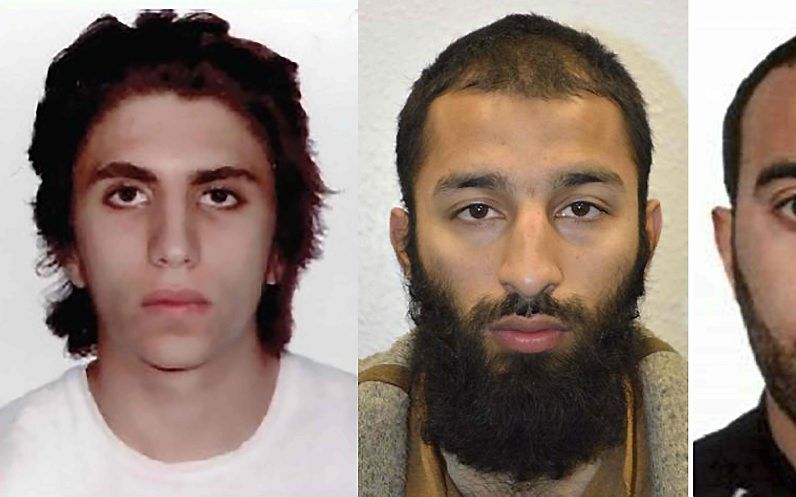 Youssef Zaghba, Khuram Shazad Butt en Rachid Redouane (v.l.n.r.). De drie pleegden op 3 juni een aanslag in Londen. beeld AFP