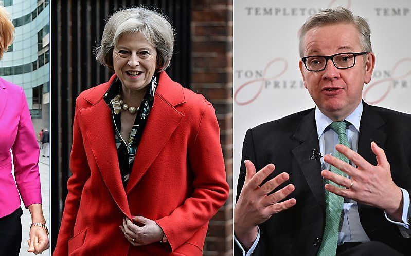 V.l.n.r.: Leadsom, May, Gove. beeld AFP