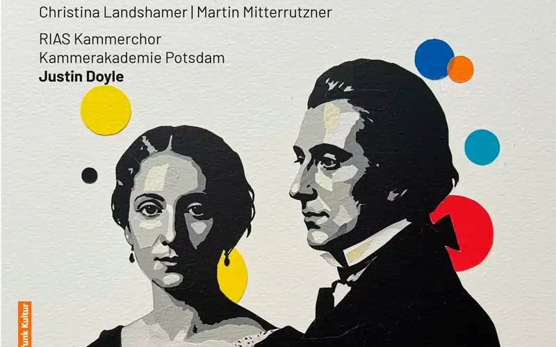 Een man en een vrouw staan in zwart-wit getekend op een grijze achtergrond.  