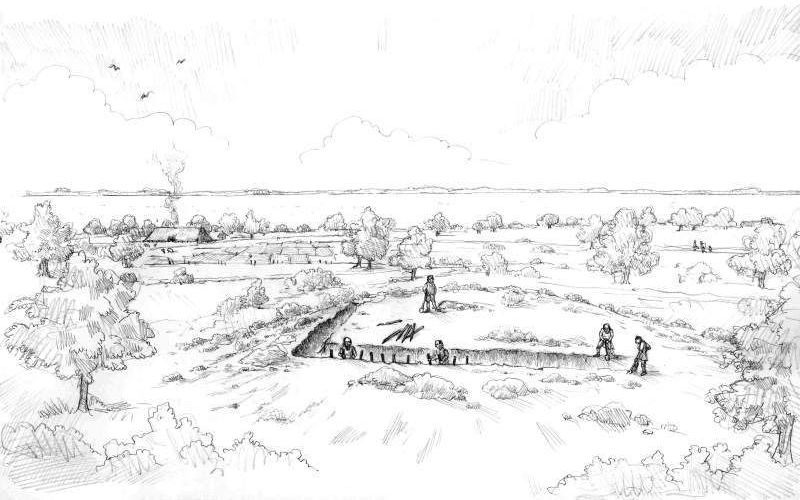 De grafheuvels liggen vlak bij de boerenwoningen. Illustratie: Bataven graven een vierkante greppel om een grafheuvel. beeld Martin Valkhoff