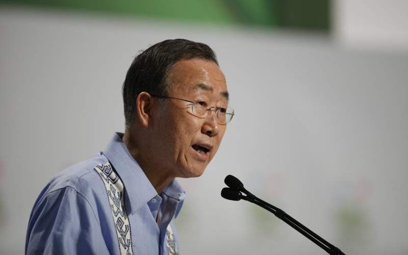 Ban Ki-moon spreekt tijdens de klimaattop. Foto EPA