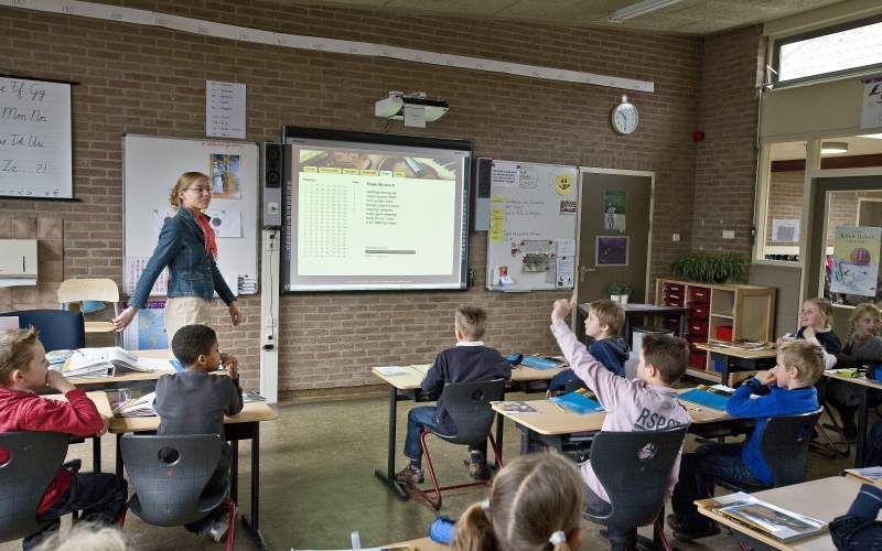 Op het digitale schoolbord staat de nieuwe website; psalmboek.nl. Foto RD, Henk Visscher.