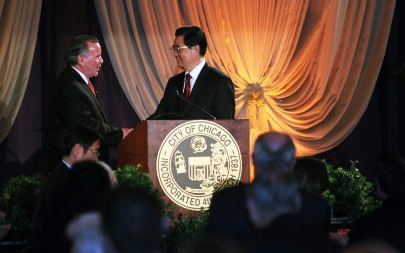 Hu Jintao donderdagavond in Chicago. Foto EPA