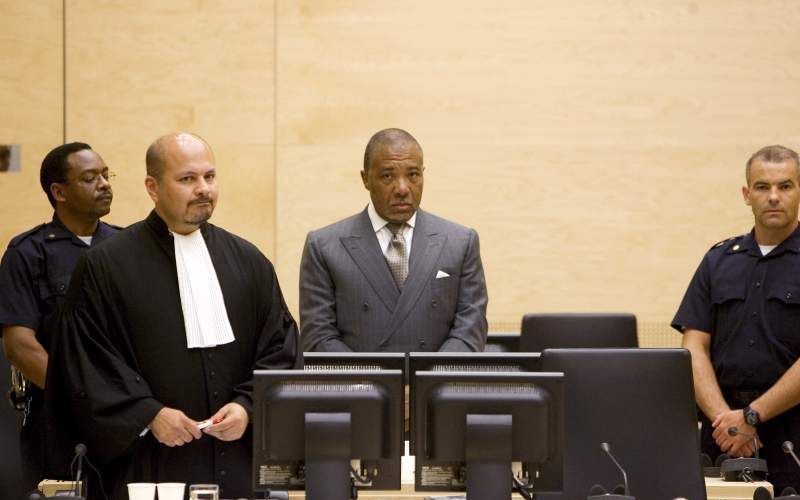 De gewezen Liberiaanse president Charles Taylor tijdens een hoorzitting van het Speciale Hof voor Sierra Leone (SCSL) in Den Haag. Foto ANP