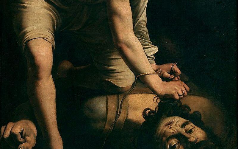 David en Goliath, schilderij van de Italiaanse kunstschilder Caravaggio (1571 - 1610). In Utrecht is ophef ontstaan over het niet afbeelden van schilderijen met christelijke thema's op buitengevels. beeld Wikipedia