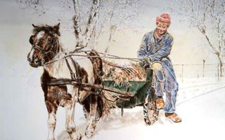 Wit-bruine pony trekt groen karretje waar jongen in overall op zit. 