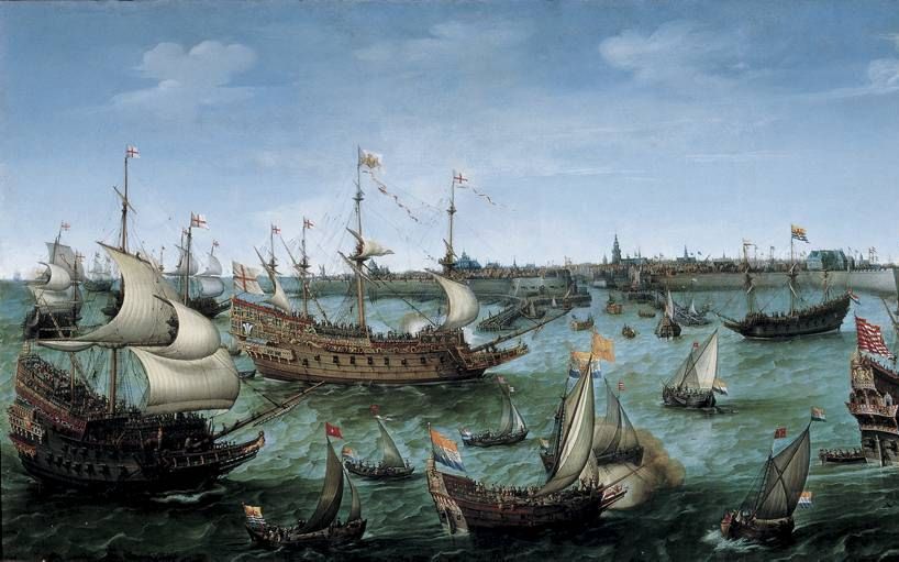 De aankomst in Vlissingen van het bruidspaar prins Frederik V van de Palts en de Engelse prinses Elizabeth Stuart. Schilderij door Hendrik Cornelisz. Vroom  beeld Frans Halsmuseum