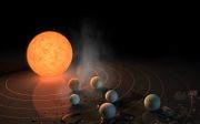 Het Trappist-1-stelsel met de drie 'bewoonbare' planeten volgens Nature. beeld NASA