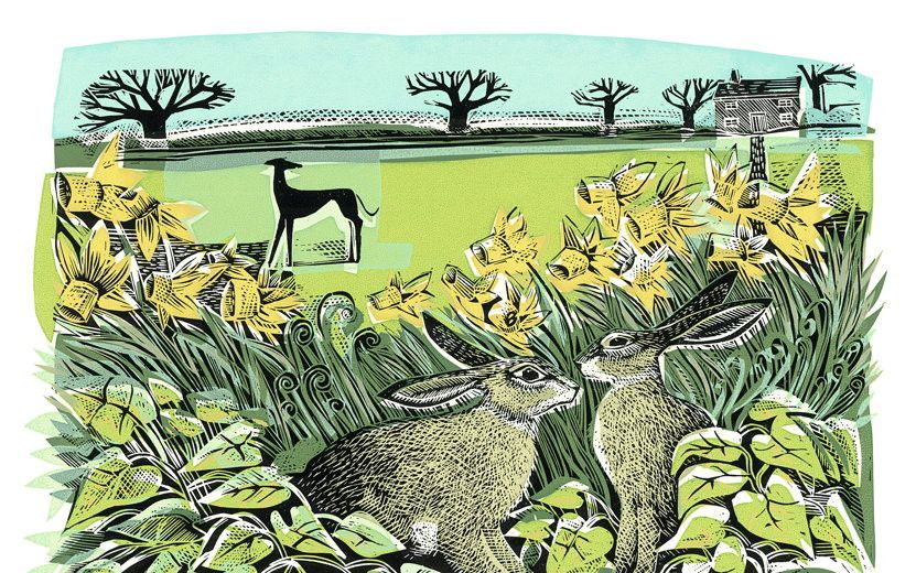 Linosnede met twee hazen tussen het gras en bladeren. Op de achtergrond staat een hond in alerte houding.