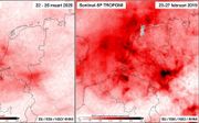 Op beelden die de Sentinel-5P-satelliet verzamelde, is duidelijk te zien dat er veel minder vervuilende stoffen worden uitgestoten in Nederland. De rode vlekken stellen de hoeveelheid stikstofdioxide in de lucht voor. Voor deze afbeeldingen zijn de meting