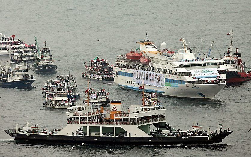 Het Turkse passagiersschip Mavi Marmara, dat meevoer met de eerste Gazavloot in mei 2010, bij zijn terugkeer in Turkije op 26 december 2010. Bij gevechten na de bestorming van het schip door Israëlische commando’s kwamen zeker tien mensen om het leven. Fo