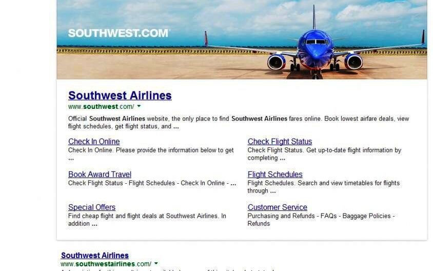 Grote advertentie van Southwest Airlines boven de zoekresultaten. Beeld via http://searchengineland.com