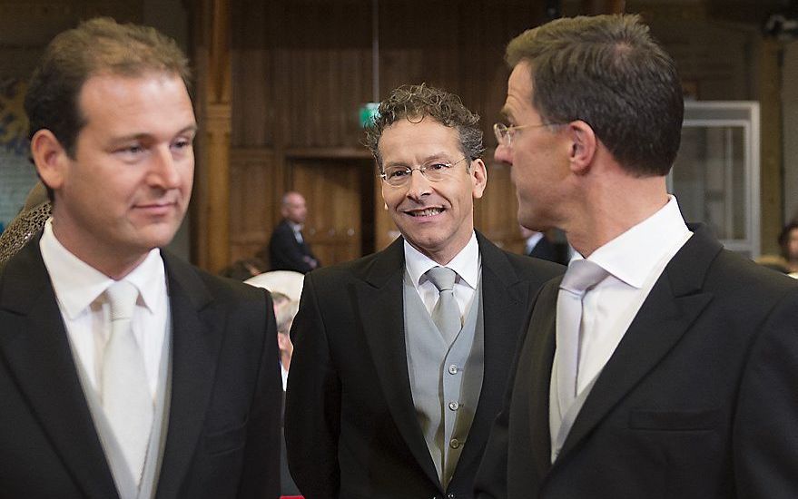 De ministers Asscher, Dijsselbloem en Rutte in de Ridderzaal, beeld ANP.