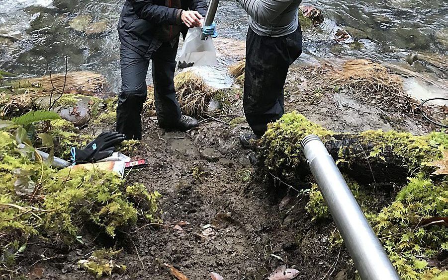 Alison Tune (l.) van de University of Texas, hoofdauteur van de studie, en Brandon Minton (r.), wetenschappelijk medewerker, verzamelen monsters van gesteente bij het Eel River Critical Zone Observatory in de buurt van Elder Creek (VS).  beeld University of Texas, Daniella Rempe