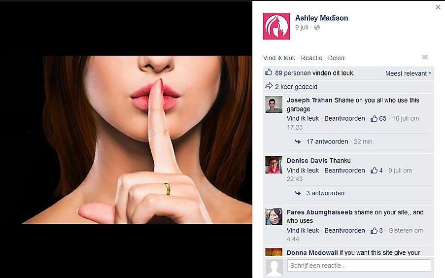 Kritiek op de Facebookpagina van overspelsite Ashley Madison. Beeld Facebook