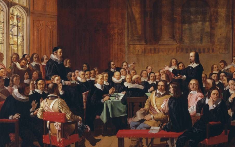 In juli 1643 kwam de Westminster Assembly voor het eerst bijeen. Cornelius Burgess was een van de assessoren. Schilderij van John Rogers Herbert (1810-1890).  Foto Wikimedia