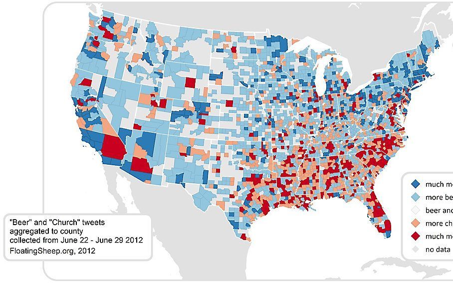 Floatingsheep.org heeft onderzocht hoe vaak het woord kerk of bier werd gebruikt op het sociale medium Twitter. Beeld Floatingsheep.org