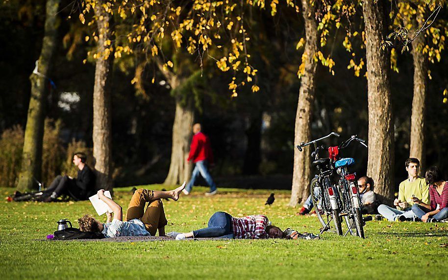 Mensen genieten in het Oosterpark tijdens de warmste novemberdag ooit, sinds met de metingen is begonnen. beeld ANP