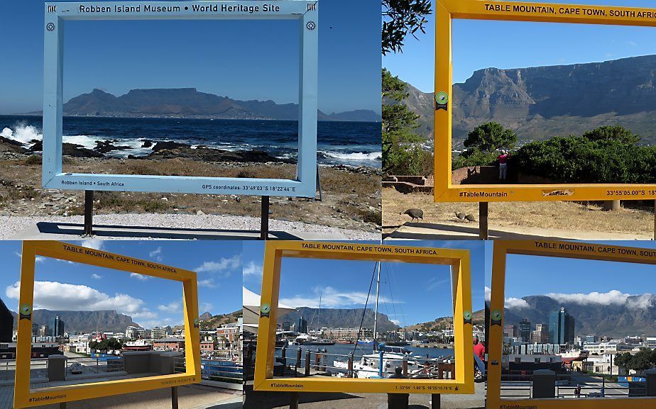 „Rondom de binnenstad van Kaapstad staan verschillende vensters opgesteld waardoorheen mensen de Tafelberg kunnen fotograferen.” fotocollage Rob van Houwelingen